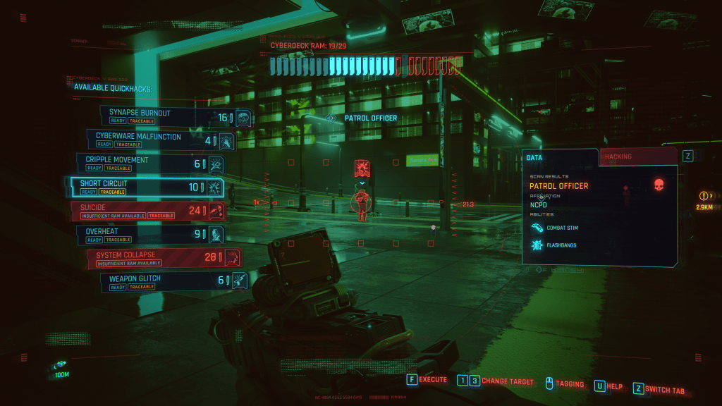Netrunning quickhacks menu in Cyberpunk 2077
