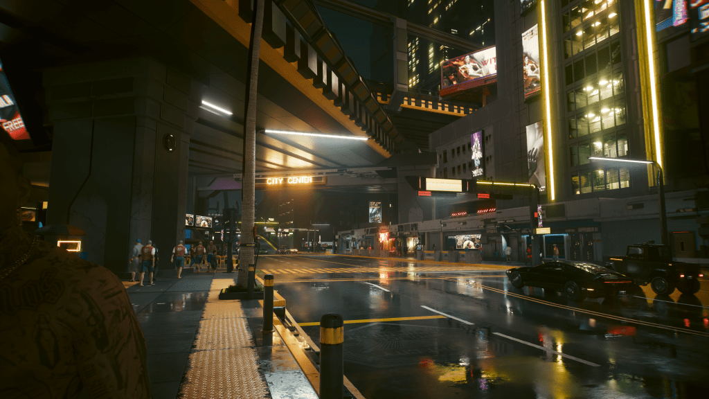 Neon lights reflecting on wet pavement in Night City